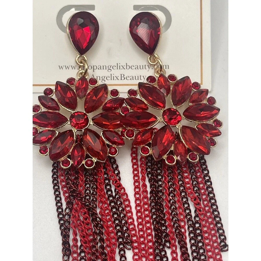Angelix Beauty Red Rhinestone Chain Tassel Statement Earrings New